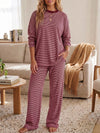 Striped Long Sleeve Top With Wide Leg Pants Set - Fisoew
