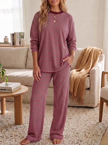 Striped Long Sleeve Top With Wide Leg Pants Set - Fisoew