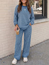 Striped Long Sleeve Top With Wide Leg Pants Set - Fisoew