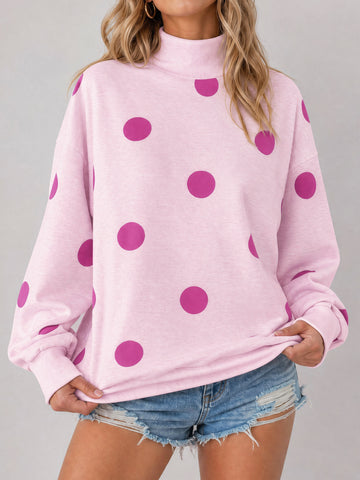 Mock Neck Long Sleeve Polka Dot Sweatshirts - Fisoew