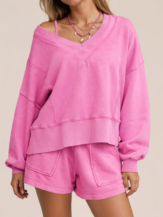 V Neck Sweatshirts With Shorts Set - Fisoew
