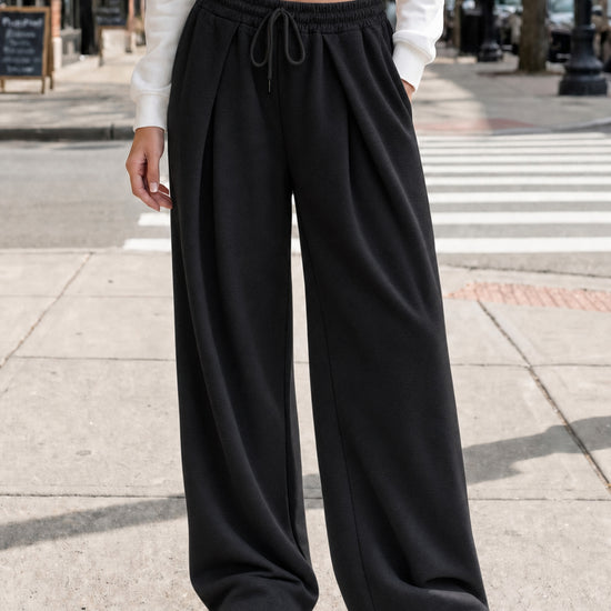 Solid Wide Leg High Waist Pants - Fisoew