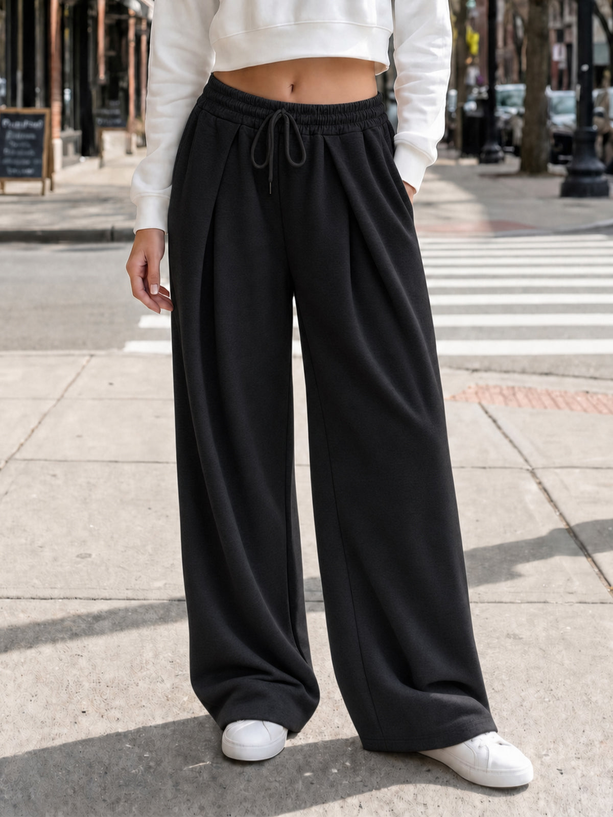 Solid Wide Leg High Waist Pants - Fisoew