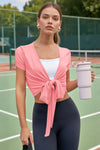 Fisoew Women's Pink Y2k Wrap Tie Crop Shirts - Fisoew