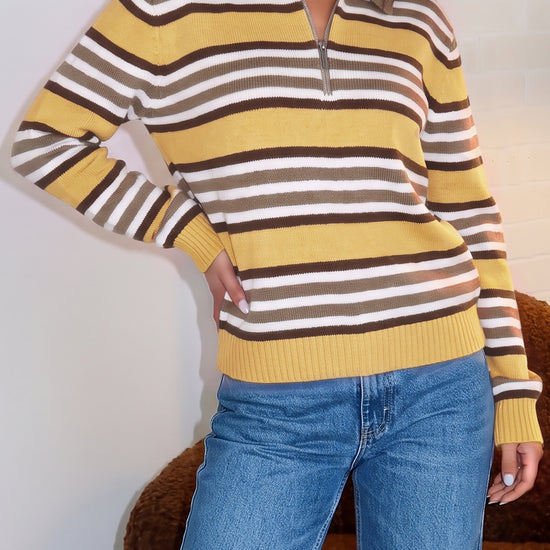 Quarter Zip Striped Long Sleeve Pullover - Fisoew