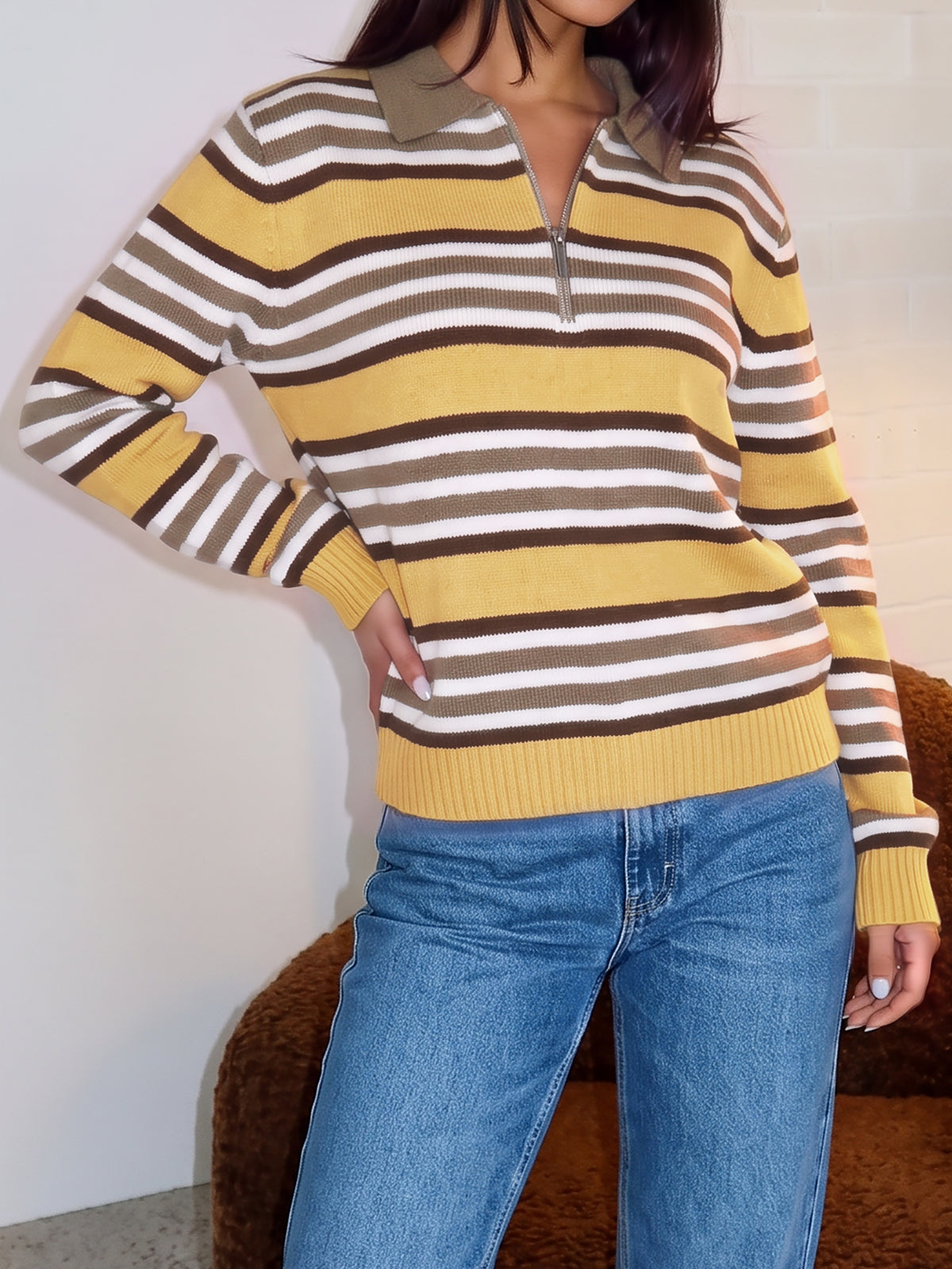 Quarter Zip Striped Long Sleeve Pullover - Fisoew