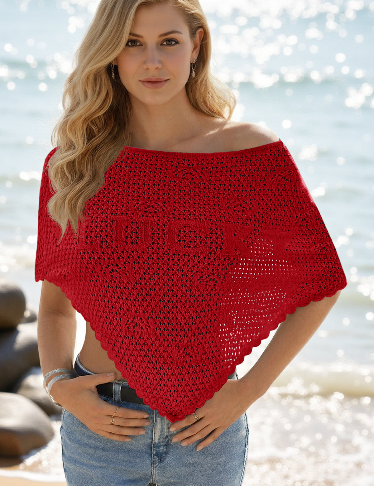 Fisoew Women's Red Sheer Shawl Boho Crochet Cover Ups - Fisoew
