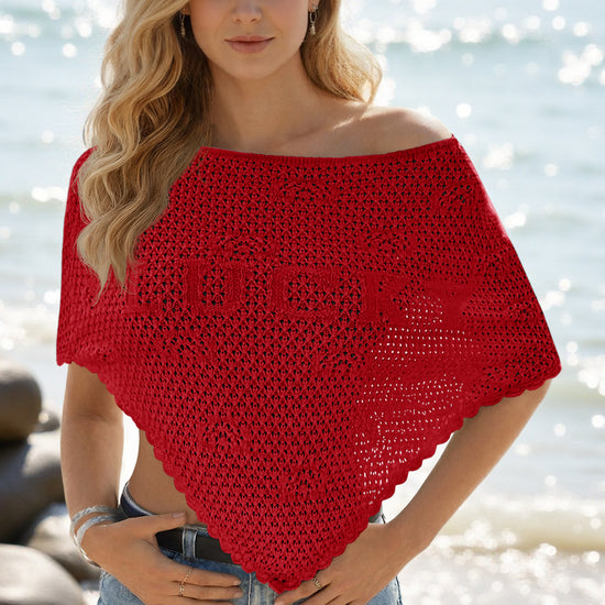 Fisoew Women's Red Sheer Shawl Boho Crochet Cover Ups - Fisoew
