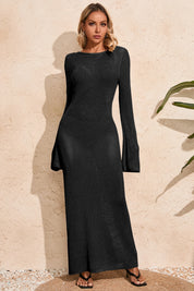 Fisoew Women's Black Crochet  Long Sleeve Sexy Swimsuit Maxi Dress - Fisoew