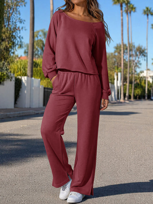Off-Shoulder Crop Top With Wide-Leg Pants Set - Fisoew