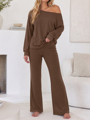 Off Shoulder Top With Flared Pants Sets - Fisoew