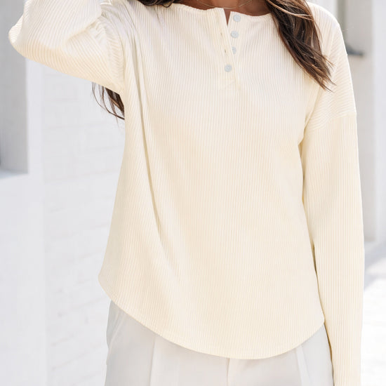 Solid Ribbed Knit Henley Shirts - Fisoew
