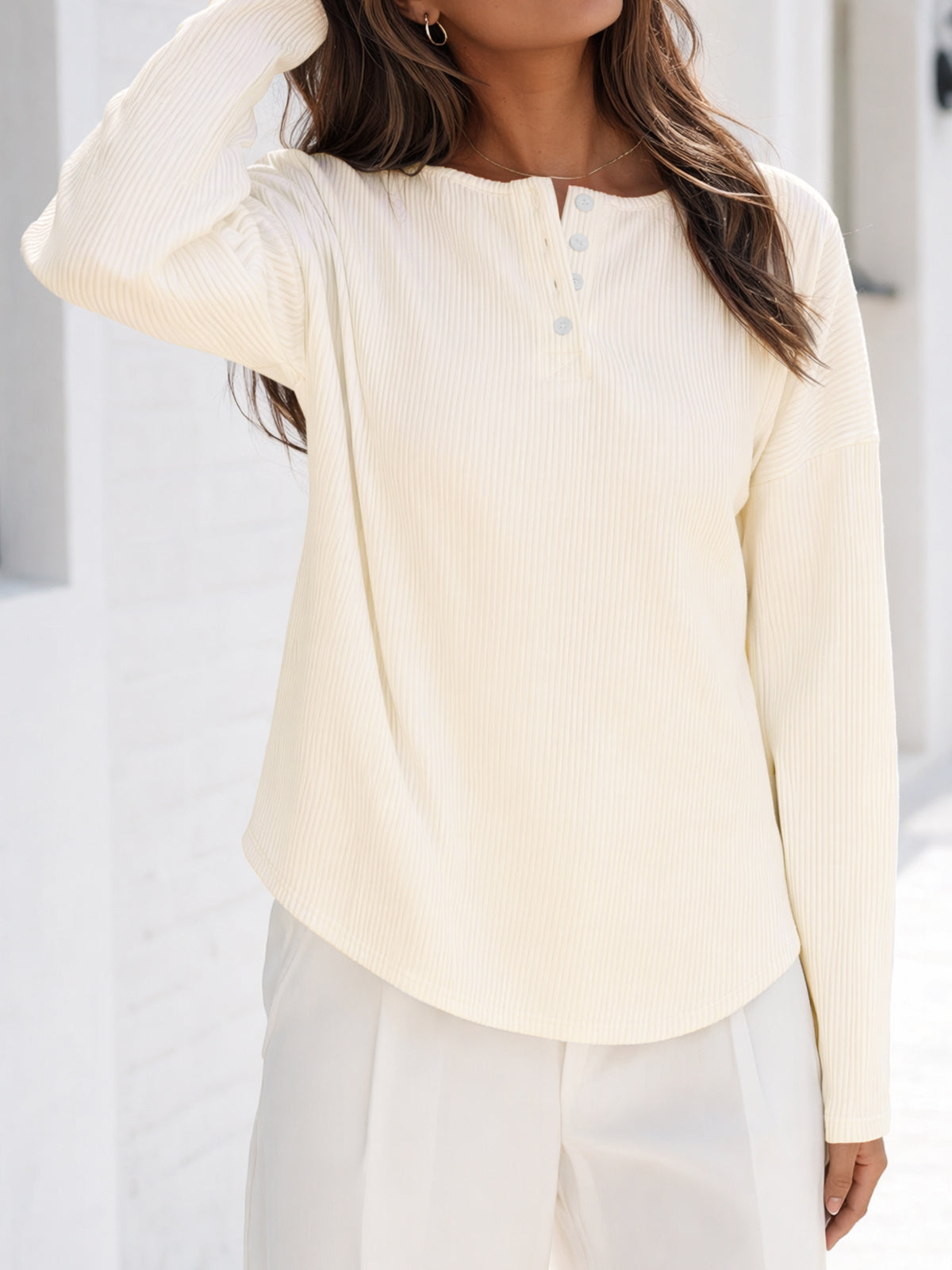 Solid Ribbed Knit Henley Shirts - Fisoew