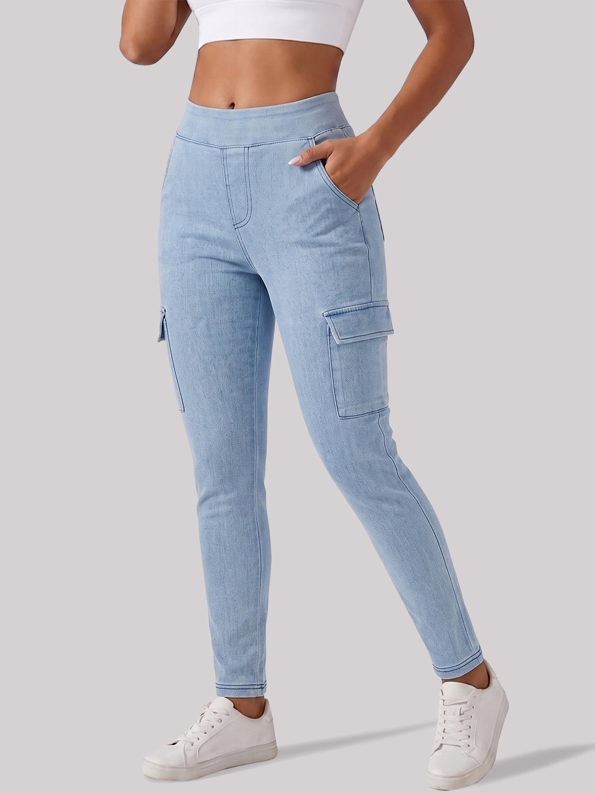 High Waisted Skinny Cargo Jeans - Fisoew