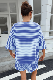 Womens Blue Striped Short Sets 2 Piece Fisoew