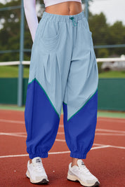 Womens Blue Elastic Waist Color Block Pants Fisoew - Fisoew