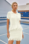 Womens White 2 Piece Outfits Sweater Tops Fringe Skirt Fisoew - Fisoew