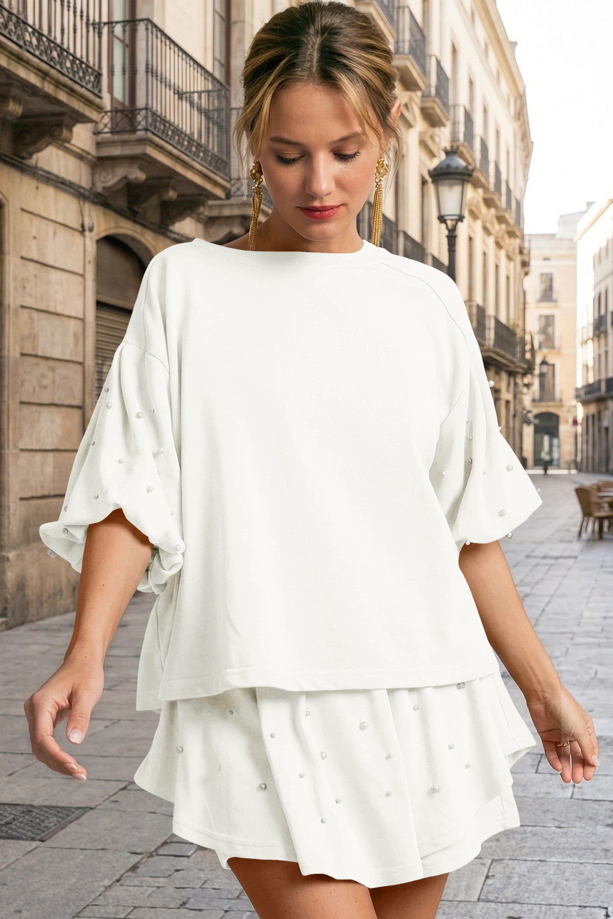 Womens White Pearl 2-Piece Lounge Short Set  Fisoew - Fisoew