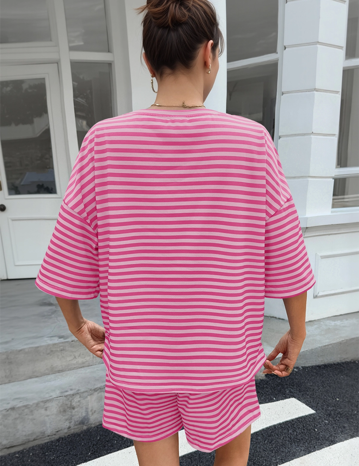 Womens Pink Striped Short Sets 2 Piece Fisoew - Fisoew