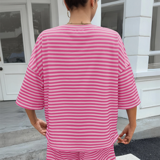 Womens Pink Striped Short Sets 2 Piece Fisoew - Fisoew