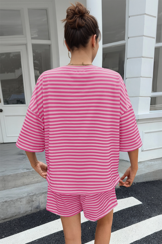Womens Pink Striped Short Sets 2 Piece Fisoew - Fisoew