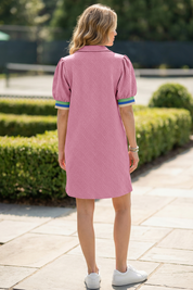 Fisoew Women‘s Pink Summer Puff Short Sleeve Mini Dress - Fisoew