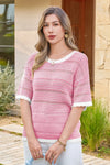 Fisoew Women's Pink Striped Cropped Knit Tops - Fisoew