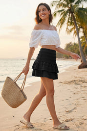 Fisoew Women's Black Ruffle Boho Mini Skirt