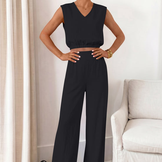 Fisoew Women's Black Linen Lounge 2 Piece Outfits - Fisoew