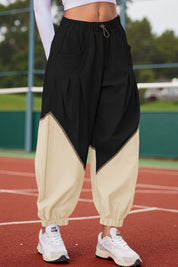 Womens Black Elastic Waist Color Block Pants Fisoew - Fisoew