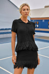 Womens Black 2 Piece Outfits Sweater Tops Fringe Skirt Fisoew - Fisoew