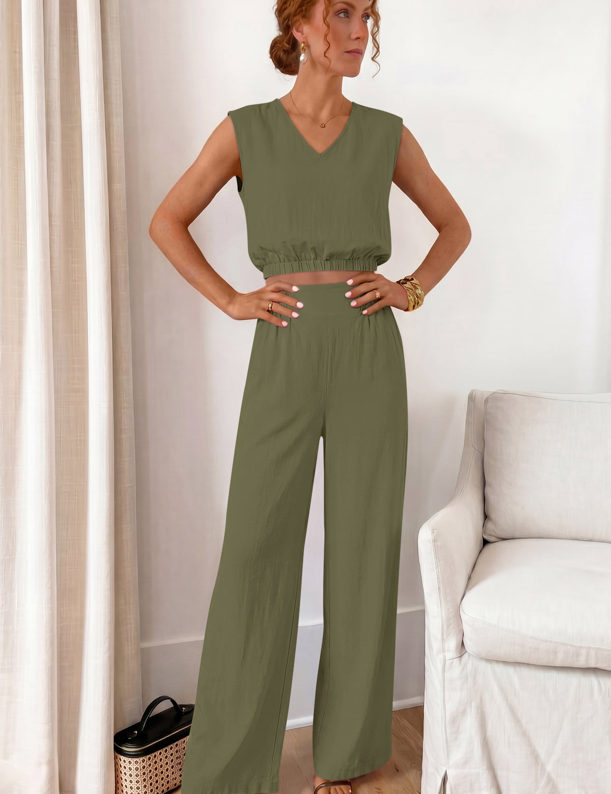 Fisoew Women's Army Green Linen Lounge 2 Piece Outfits - Fisoew