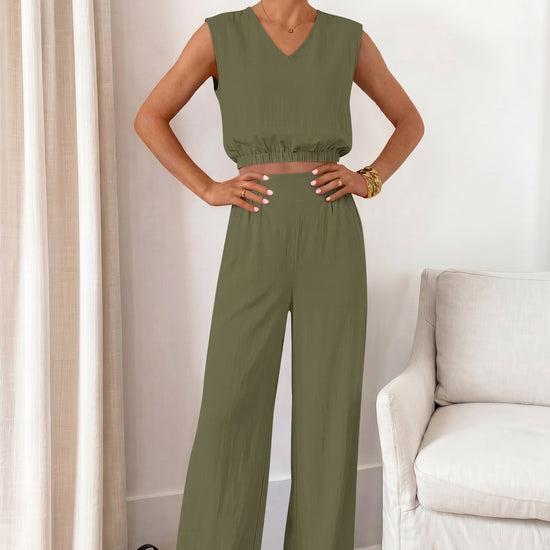 Fisoew Women's Army Green Linen Lounge 2 Piece Outfits - Fisoew