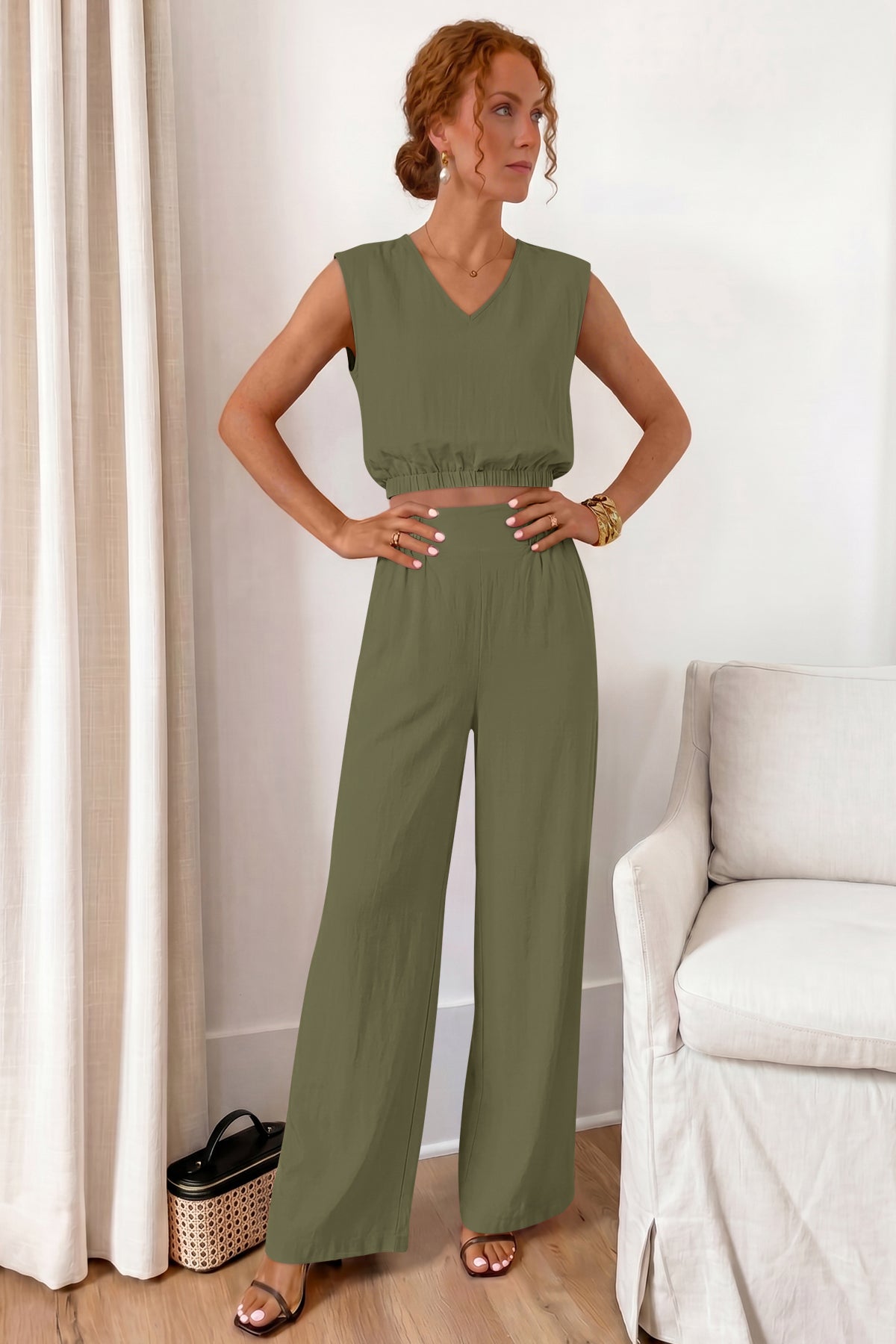 Fisoew Women's Army Green Linen Lounge 2 Piece Outfits - Fisoew