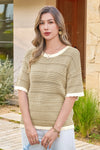 Fisoew Women's Khaki Striped Cropped Knit Tops - Fisoew
