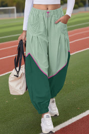 Womens Green Elastic Waist Color Block Pants Fisoew - Fisoew