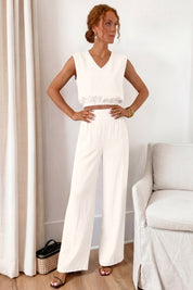 Fisoew Women's Beige Linen Lounge 2 Piece Outfits - Fisoew