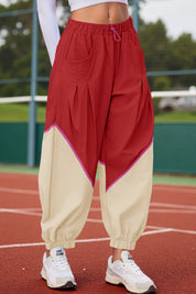 Womens Red Elastic Waist Color Block Pants Fisoew
