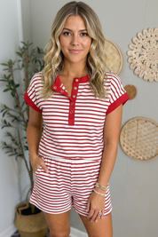 Fisoew Women's Red Striped Casual Workout 2 Piece Outfits - Fisoew