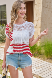 Fisoew Women's Red Striped Crochet Short Sleeve Sweater Vest Tops - Fisoew