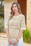 Fisoew Women's Apricot Striped Cropped Knit Tops - Fisoew
