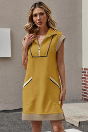 Womens Yellow Half-Zip Contrast Casual Mini Dress Fisoew - Fisoew