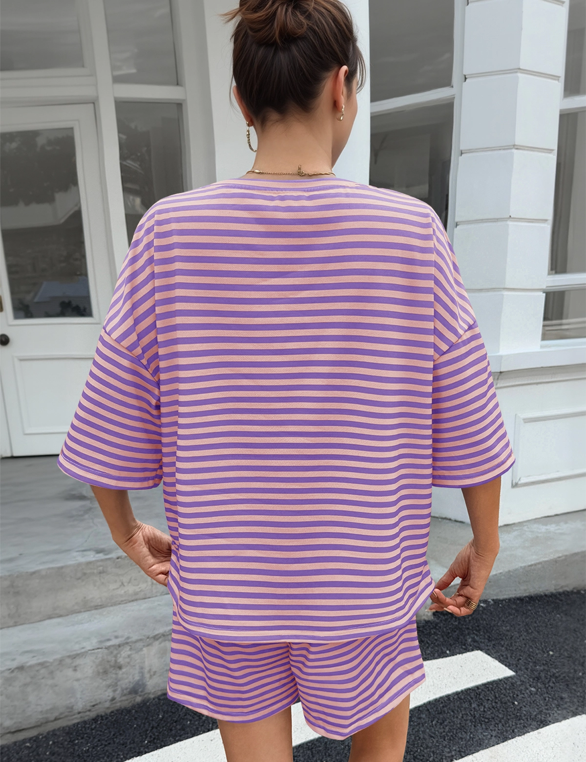 Womens Violet Striped Short Sets 2 Piece Fisoew - Fisoew