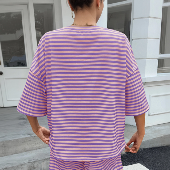 Womens Violet Striped Short Sets 2 Piece Fisoew - Fisoew