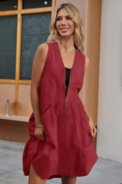 Fisoew Women's Burgundy Sleeveless Mesh Back Utility Mini Dress - Fisoew