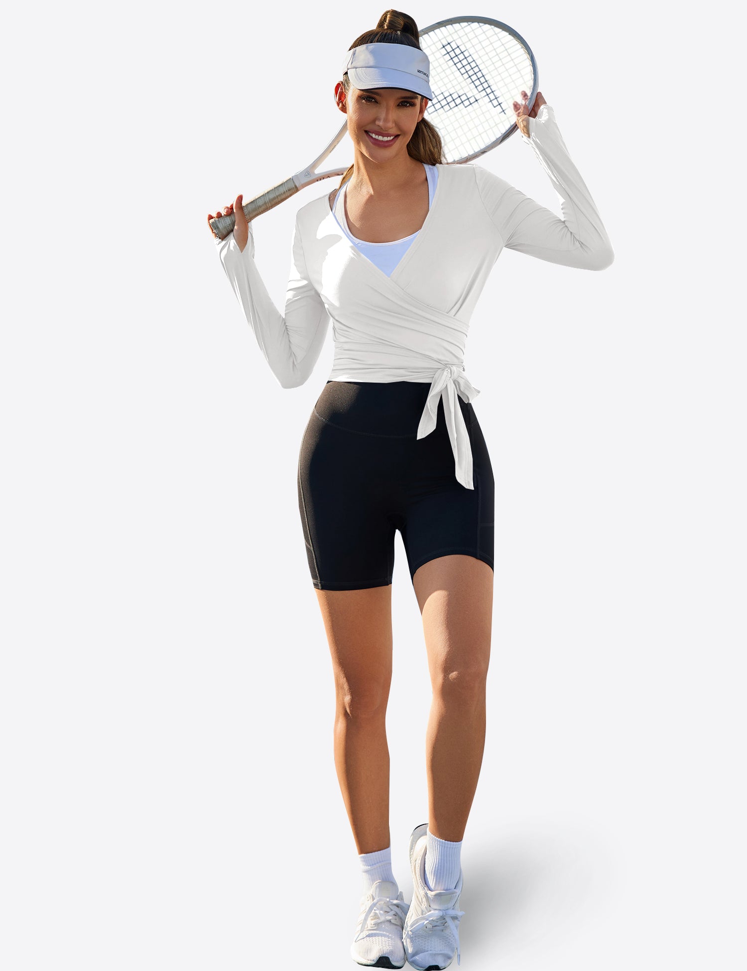 Fisoew Women‘s White Wrap Tie Tops Long Sleeve Workout Shirts - Fisoew