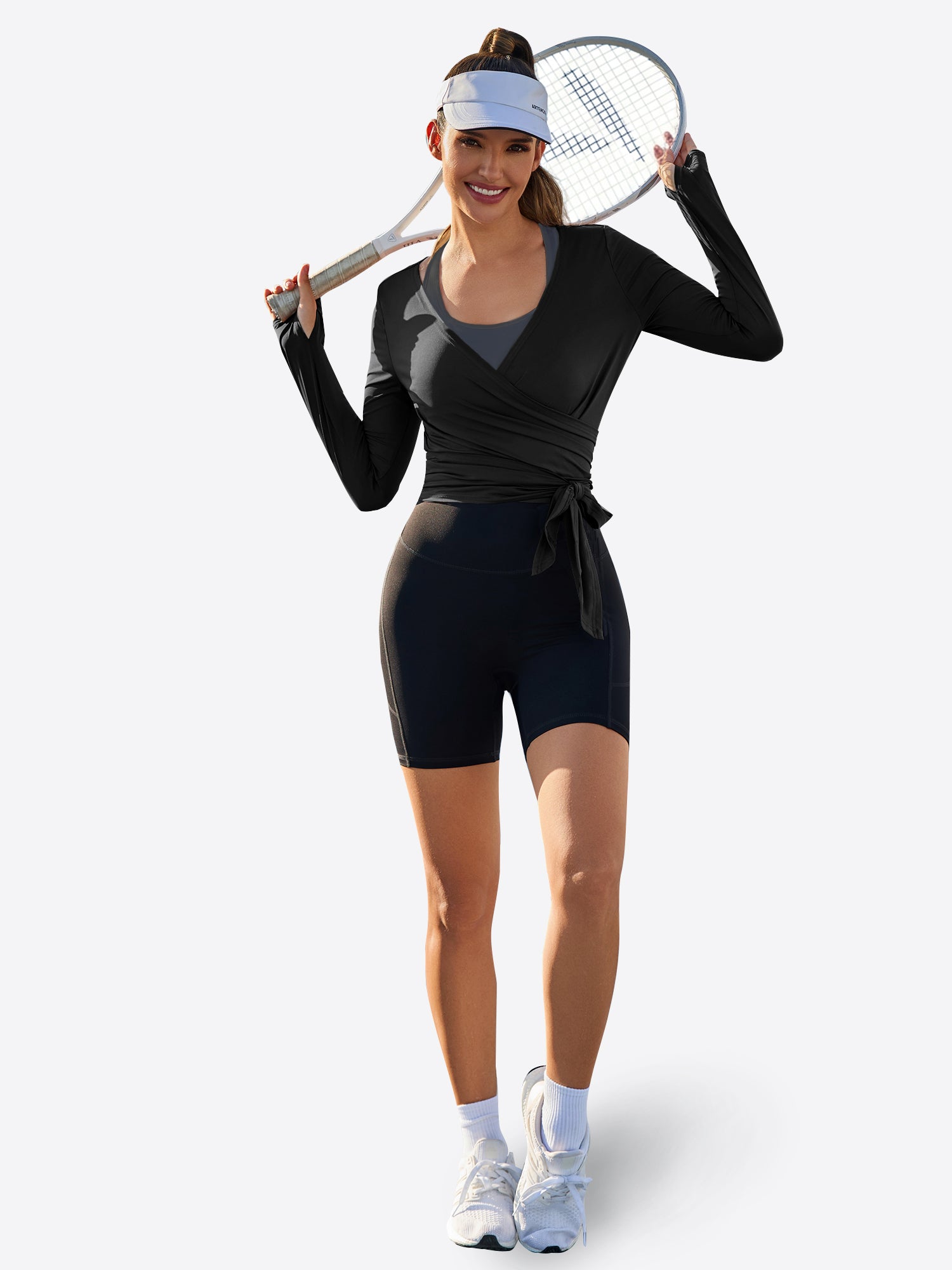 Fisoew Women‘s Black Wrap Tie Tops Long Sleeve Workout Shirts - Fisoew