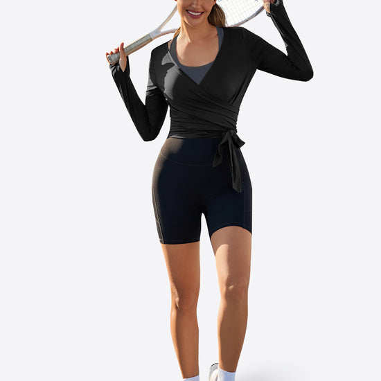 Fisoew Women‘s Black Wrap Tie Tops Long Sleeve Workout Shirts - Fisoew