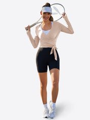 Fisoew Women‘s Light Khaki Wrap Tie Tops Long Sleeve Workout Shirts - Fisoew