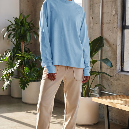Mock Neck Solid Long Sleeve Tops - Fisoew